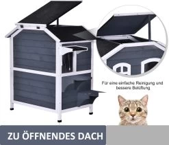 PawHut Kattenhuis Voor Buiten Kattenhut Met 2 Verdiepingen Kattenvilla, Asfaltdak, Massief Hout Grijs D30-236 22 PawHut Kattenhuis Voor Buiten Kattenhut Met 2 Verdiepingen Kattenvilla, Asfaltdak, Massief Hout Grijs D30-236 -Dierenwinkel 1200x1026 4