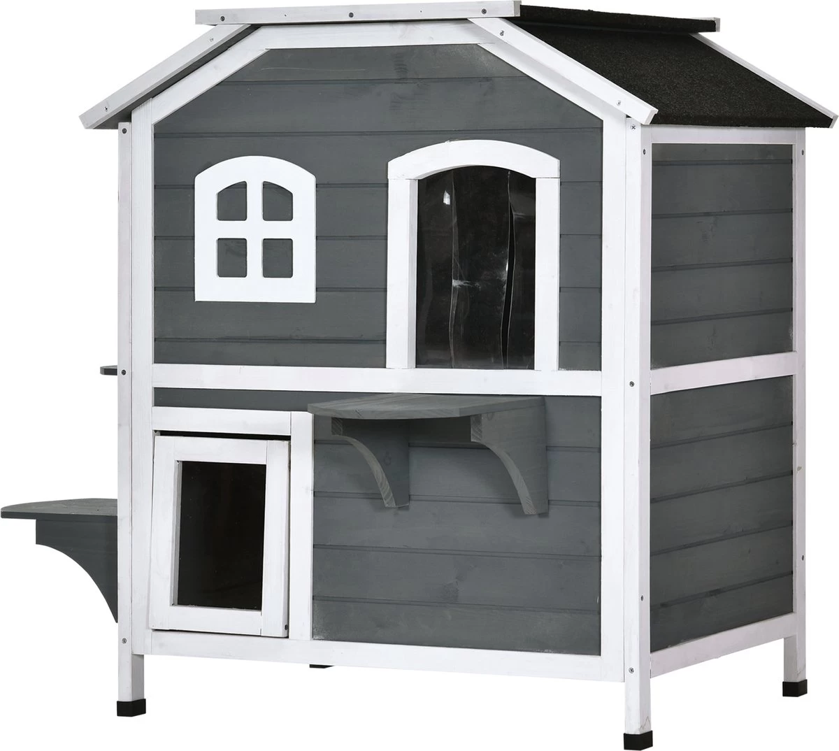 PawHut Kattenhuis Voor Buiten Kattenhut Met 2 Verdiepingen Kattenvilla, Asfaltdak, Massief Hout Grijs D30-236 8 PawHut Kattenhuis Voor Buiten Kattenhut Met 2 Verdiepingen Kattenvilla, Asfaltdak, Massief Hout Grijs D30-236 - Afbeelding 6