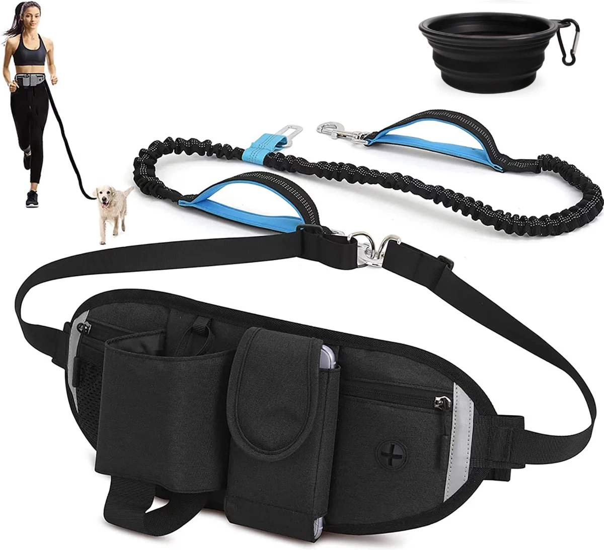 BOTC Looplijn Hond Met Heupriem Voor Hardlopen - Met Drinkbak Hond - Hondenriem - 1 Roll Poep Zakjes - Zwart 3 BOTC Looplijn Hond Met Heupriem Voor Hardlopen - Met Drinkbak Hond - Hondenriem - 1 Roll Poep Zakjes - Zwart