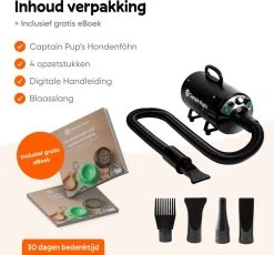 Captain Pup's Professionele Hondenföhn Met 4 Opzetstukken - Bijgeleverde Hondenborstel - Waterblazer Voor Honden - Zwart -Dierenwinkel 1200x1116