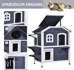 PawHut Kattenhuis Voor Buiten Kattenhut Met 2 Verdiepingen Kattenvilla, Asfaltdak, Massief Hout Grijs D30-236 19 PawHut Kattenhuis Voor Buiten Kattenhut Met 2 Verdiepingen Kattenvilla, Asfaltdak, Massief Hout Grijs D30-236 -Dierenwinkel 1200x1130 1