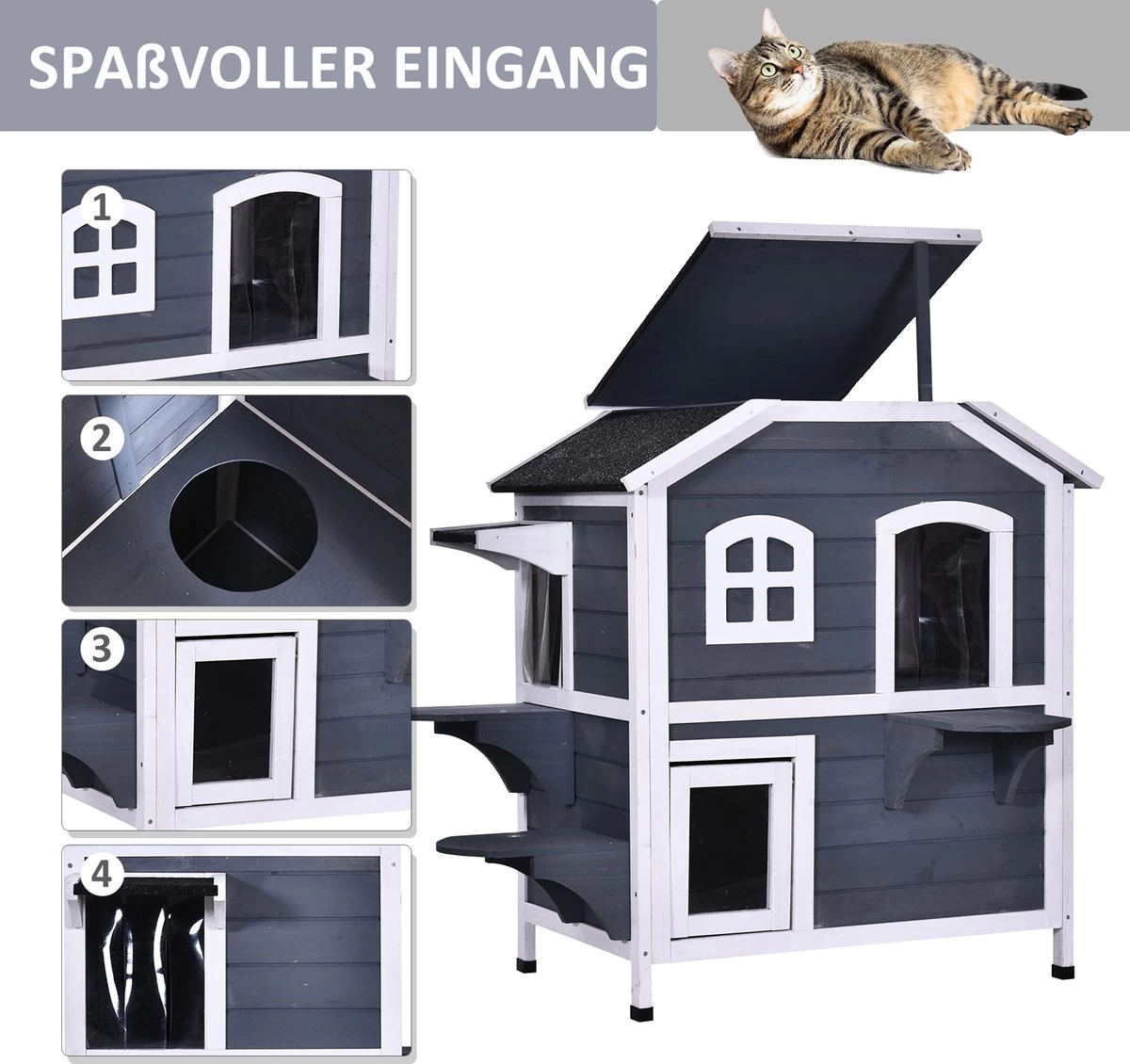 PawHut Kattenhuis Voor Buiten Kattenhut Met 2 Verdiepingen Kattenvilla, Asfaltdak, Massief Hout Grijs D30-236 9 PawHut Kattenhuis Voor Buiten Kattenhut Met 2 Verdiepingen Kattenvilla, Asfaltdak, Massief Hout Grijs D30-236 - Afbeelding 7