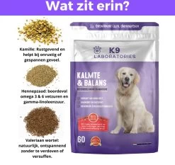 K9 Laboratories - Kalmte & Balans - Supplement - Voor Honden - Tegen Angst - Stress - Agressie - L-tryptofaan - Valeriaan - Hennepzaadolie - 60 Stuks - Voor Een Rustige Hond -Dierenwinkel 1200x1133
