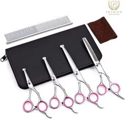 Professionele Hondenscharen Set - Extra Veilige Grooming Set - Trimscharen Voor Honden - Knipschaar - Effileerschaar / Uitdunschaar - Gebogen Schaar Met Ronde Punt - Precisieschaar - Hondenverzorging - Inclusief Kam, 2 Haarclips En Luxe Opbergdoos