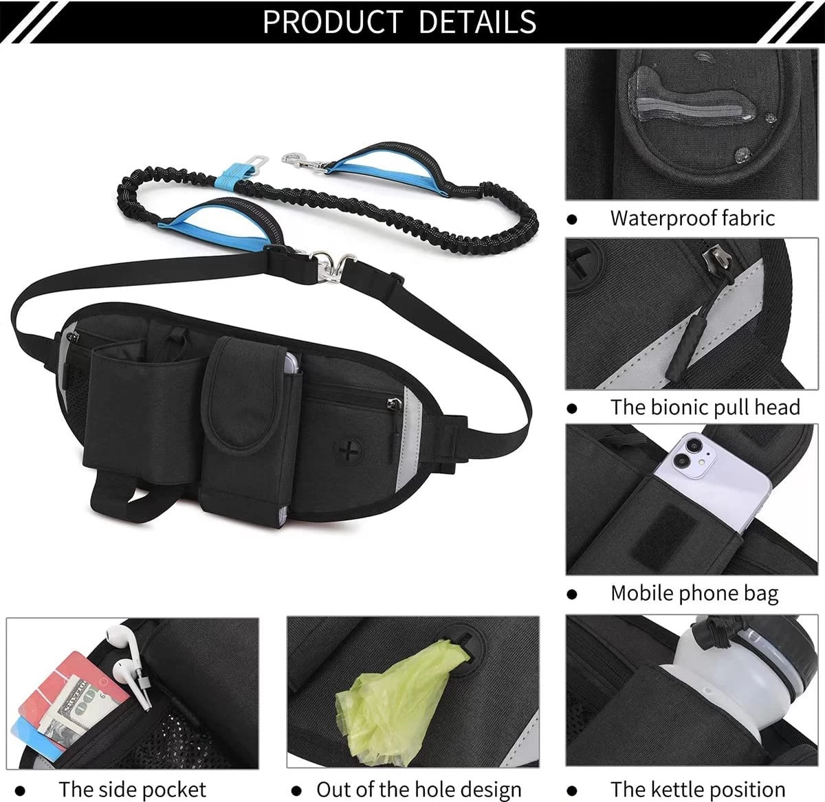 BOTC Looplijn Hond Met Heupriem Voor Hardlopen - Met Drinkbak Hond - Hondenriem - 1 Roll Poep Zakjes - Zwart 4 BOTC Looplijn Hond Met Heupriem Voor Hardlopen - Met Drinkbak Hond - Hondenriem - 1 Roll Poep Zakjes - Zwart - Afbeelding 2