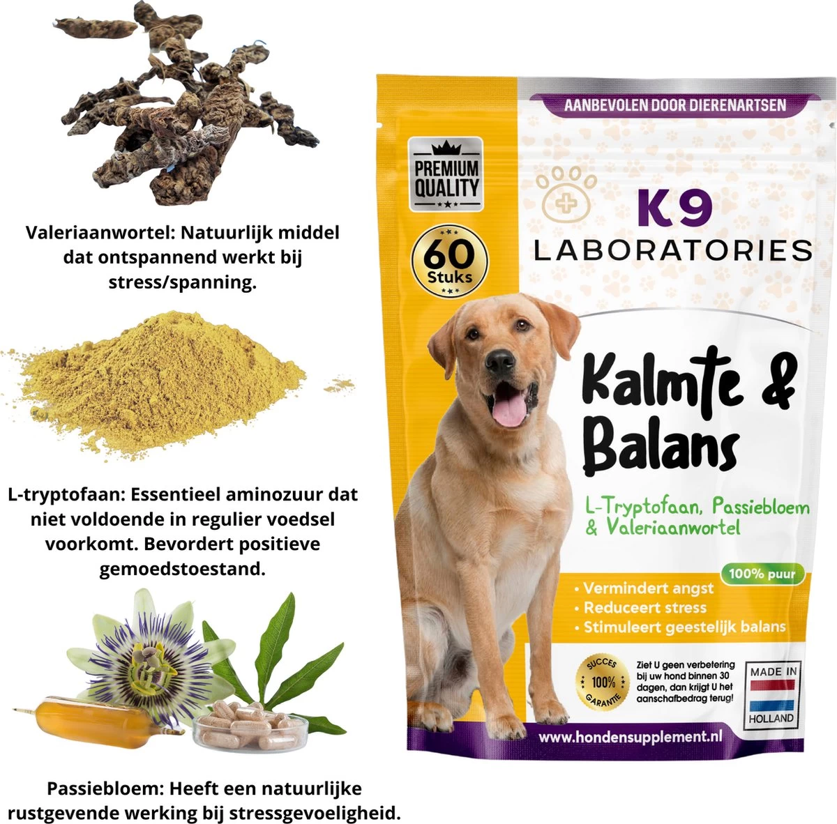 K9 Laboratories Kalmte & Balans - Hond - 60 Stuks - Bij Stress, Angst En Agressie - Ashwagandha - L-tryptofaan - Passiebloem - Valeriaanwortel - Lavendel 4 K9 Laboratories Kalmte & Balans - Hond - 60 Stuks - Bij Stress, Angst En Agressie - Ashwagandha - L-tryptofaan - Passiebloem - Valeriaanwortel - Lavendel - Afbeelding 2
