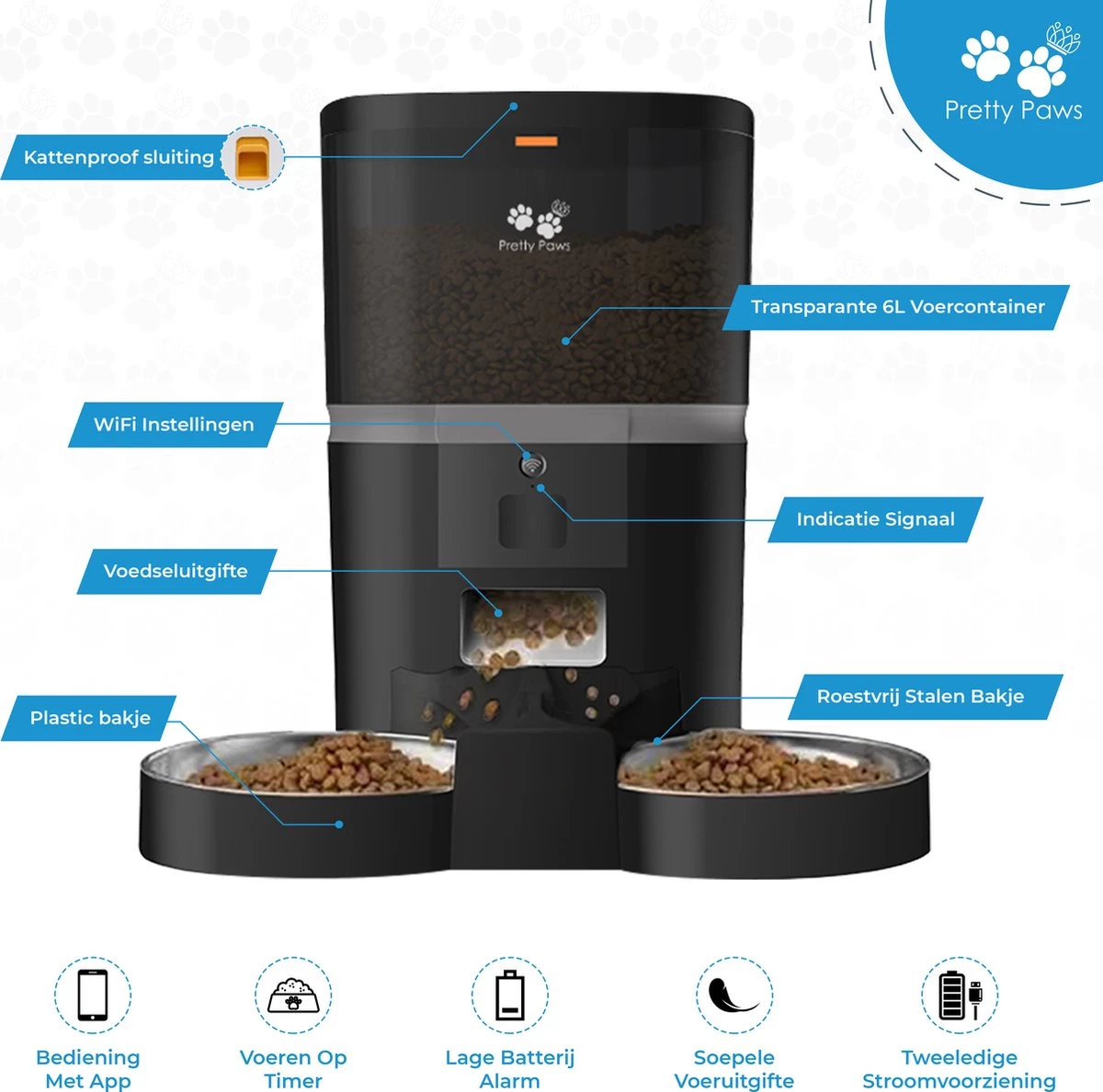 Pretty Paws QQ003 - Wifi Voermachine - Dubbele Voerbakjes - Zwart - Kat - 6L 8 Pretty Paws QQ003 - Wifi Voermachine - Dubbele Voerbakjes - Zwart - Kat - 6L - Afbeelding 6