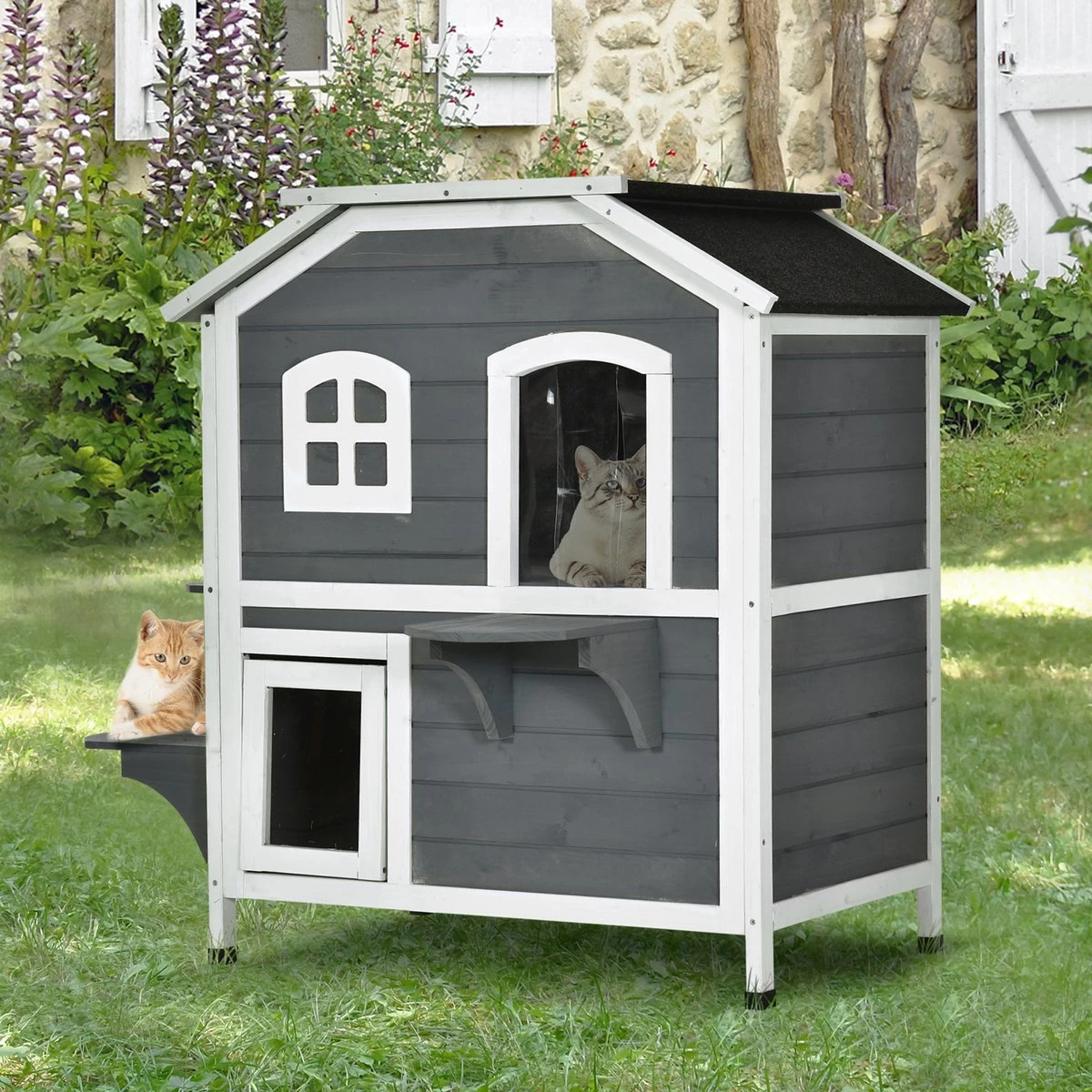 PawHut Kattenhuis Voor Buiten Kattenhut Met 2 Verdiepingen Kattenvilla, Asfaltdak, Massief Hout Grijs D30-236 4 PawHut Kattenhuis Voor Buiten Kattenhut Met 2 Verdiepingen Kattenvilla, Asfaltdak, Massief Hout Grijs D30-236 - Afbeelding 2