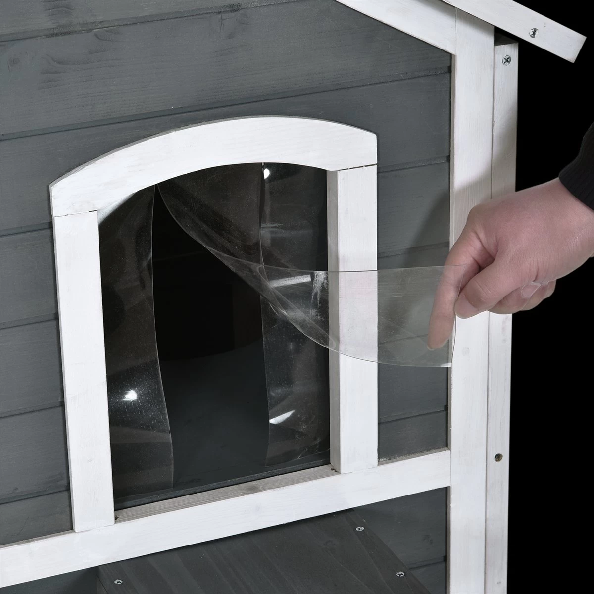 PawHut Kattenhuis Voor Buiten Kattenhut Met 2 Verdiepingen Kattenvilla, Asfaltdak, Massief Hout Grijs D30-236 5 PawHut Kattenhuis Voor Buiten Kattenhut Met 2 Verdiepingen Kattenvilla, Asfaltdak, Massief Hout Grijs D30-236 - Afbeelding 3