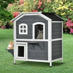 PawHut Kattenhuis Voor Buiten Kattenhut Met 2 Verdiepingen Kattenvilla, Asfaltdak, Massief Hout Grijs D30-236 23 PawHut Kattenhuis Voor Buiten Kattenhut Met 2 Verdiepingen Kattenvilla, Asfaltdak, Massief Hout Grijs D30-236 -Dierenwinkel 1200x1200 459