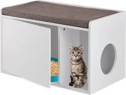 Relaxdays Kattenbak Ombouw - Met Zitkussen - Kattenhuis Wit - Kattenmeubel - Kattenkast