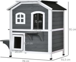 PawHut Kattenhuis Voor Buiten Kattenhut Met 2 Verdiepingen Kattenvilla, Asfaltdak, Massief Hout Grijs D30-236 17 PawHut Kattenhuis Voor Buiten Kattenhut Met 2 Verdiepingen Kattenvilla, Asfaltdak, Massief Hout Grijs D30-236 -Dierenwinkel 1200x983 1