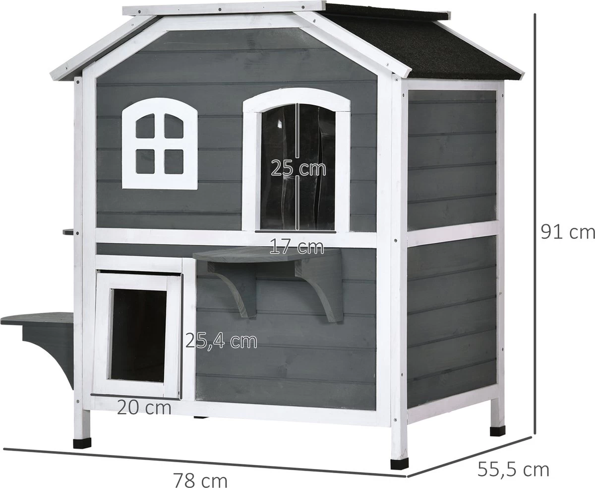 PawHut Kattenhuis Voor Buiten Kattenhut Met 2 Verdiepingen Kattenvilla, Asfaltdak, Massief Hout Grijs D30-236 7 PawHut Kattenhuis Voor Buiten Kattenhut Met 2 Verdiepingen Kattenvilla, Asfaltdak, Massief Hout Grijs D30-236 - Afbeelding 5