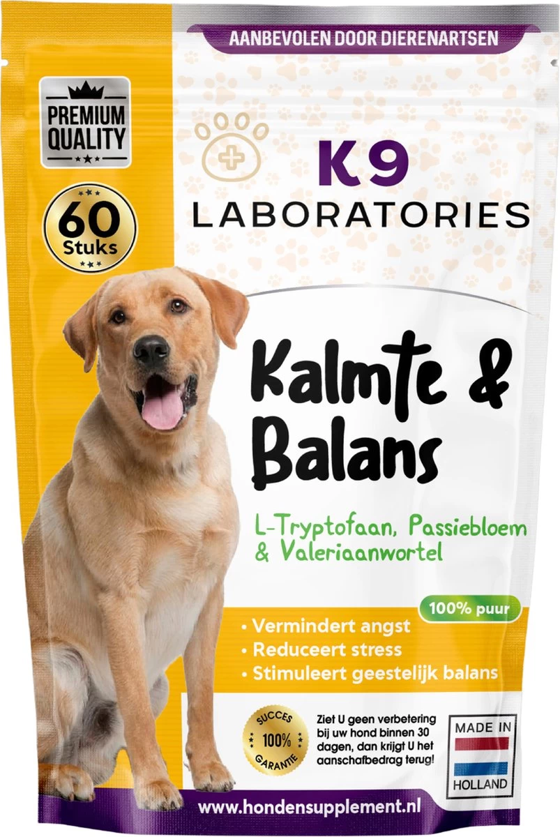 K9 Laboratories Kalmte & Balans - Hond - 60 Stuks - Bij Stress, Angst En Agressie - Ashwagandha - L-tryptofaan - Passiebloem - Valeriaanwortel - Lavendel 3 K9 Laboratories Kalmte & Balans - Hond - 60 Stuks - Bij Stress, Angst En Agressie - Ashwagandha - L-tryptofaan - Passiebloem - Valeriaanwortel - Lavendel
